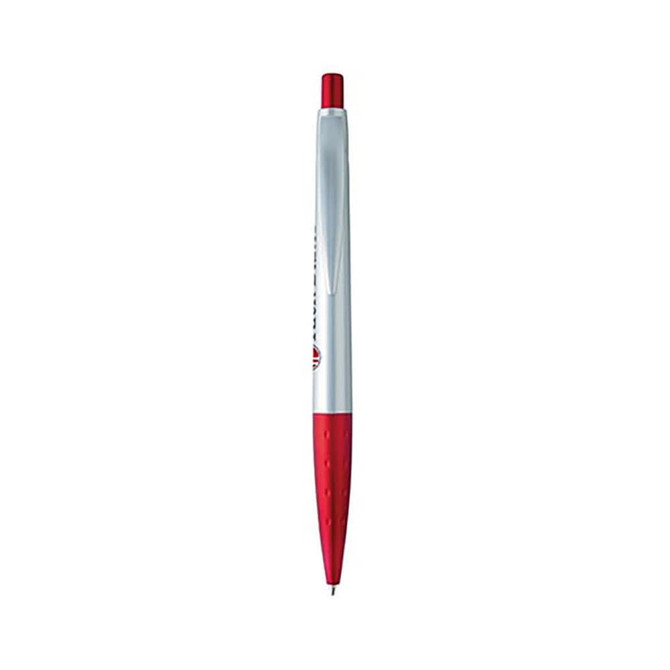 A silver plastic pen with a red tip and grip, featuring a logo on the body.