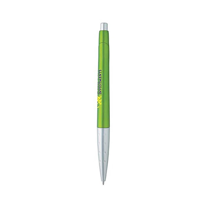 A metallic pen with a bright green barrel and silver accents, featuring a logo on the barrel.