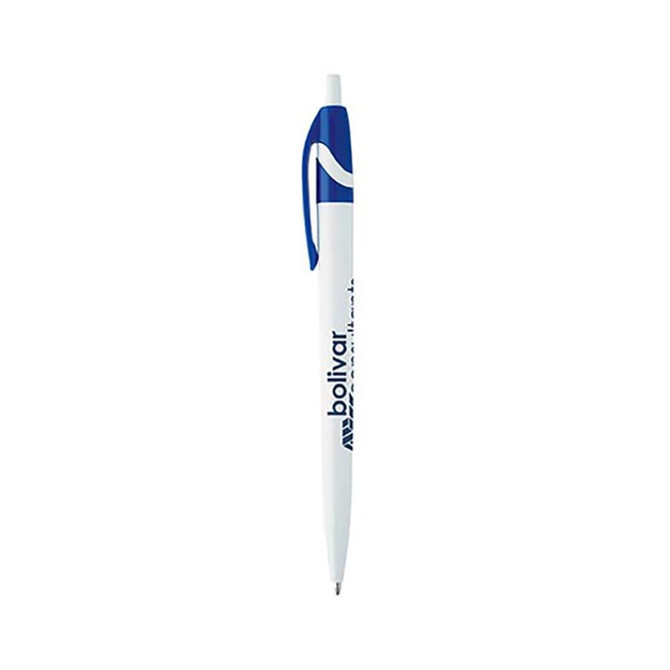 A plastic pen with a white barrel and blue accents, featuring a logo on its side.