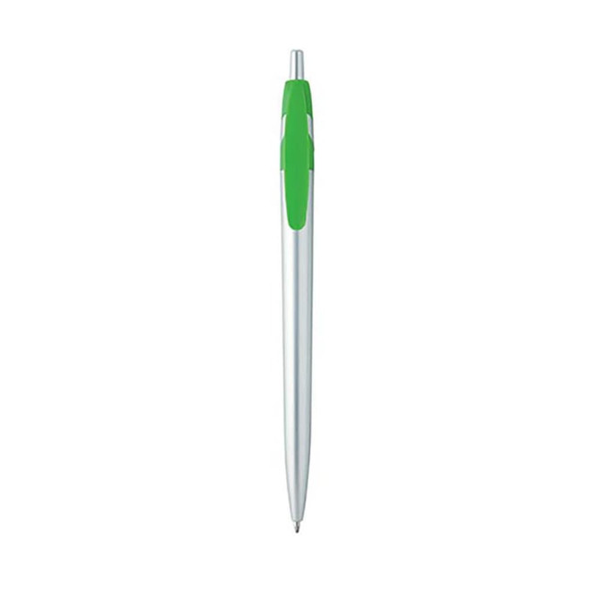 A metal pen with a silver body and a green grip. It features a branding logo on the barrel.