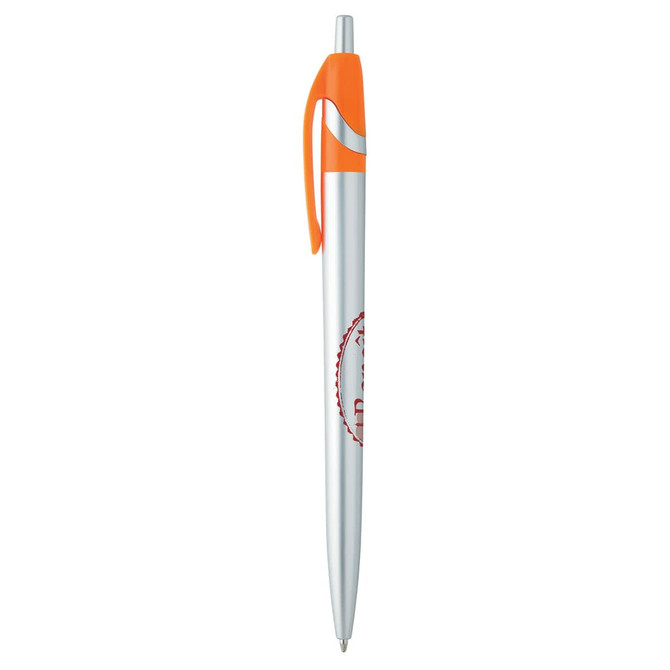 A metal pen with a silver body and orange accents, featuring a clip and a logo.