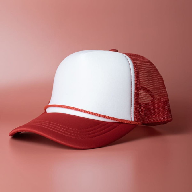 A red and white trucker cap with a structured front and mesh back. It features a curved brim and a logo.