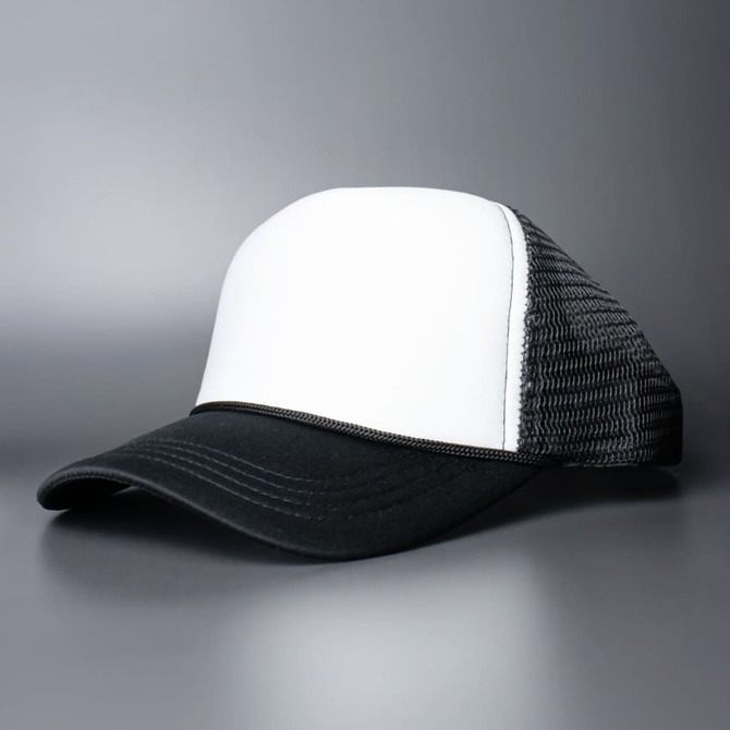 A trucker cap featuring a white front panel and a black mesh back. It has a curved black visor and a logo.