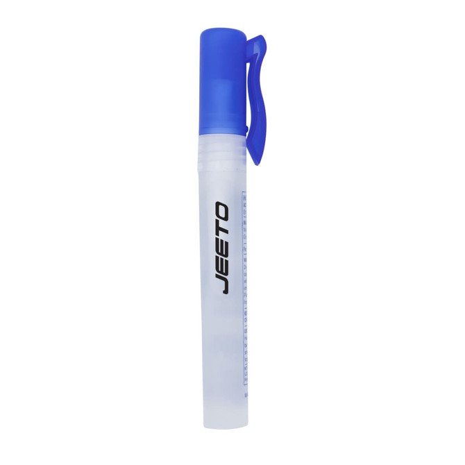 A clear 10ml sanitiser spray bottle with a blue spray nozzle and a clip, featuring a branding logo.