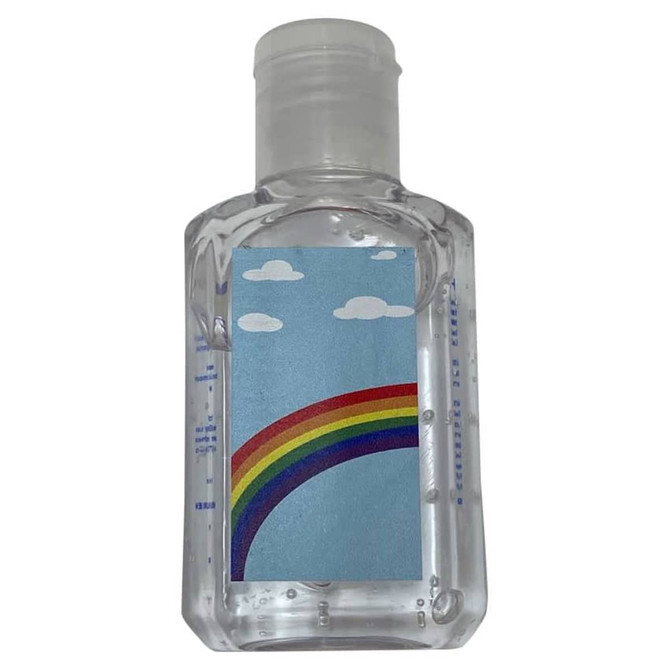 A clear 60ml hand sanitiser gel with 75% ethyl-alcohol and a rainbow design on a light blue background.