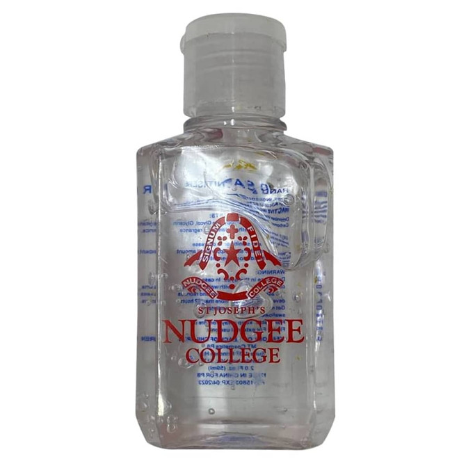 A clear 60ml hand sanitiser gel bottle containing 75% ethyl alcohol, with a logo on the front.