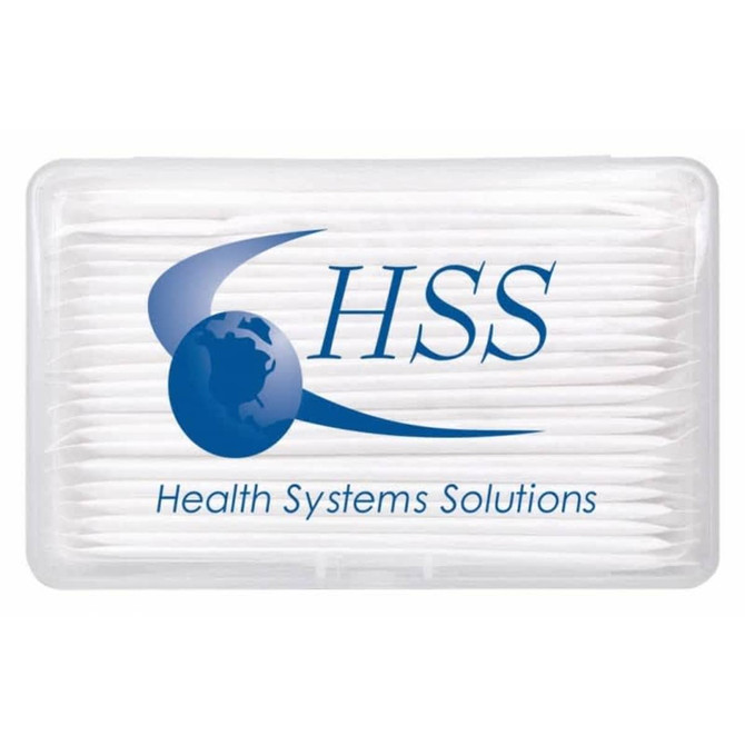 A clear container holding multiple white dental floss picks, featuring a logo on the front.