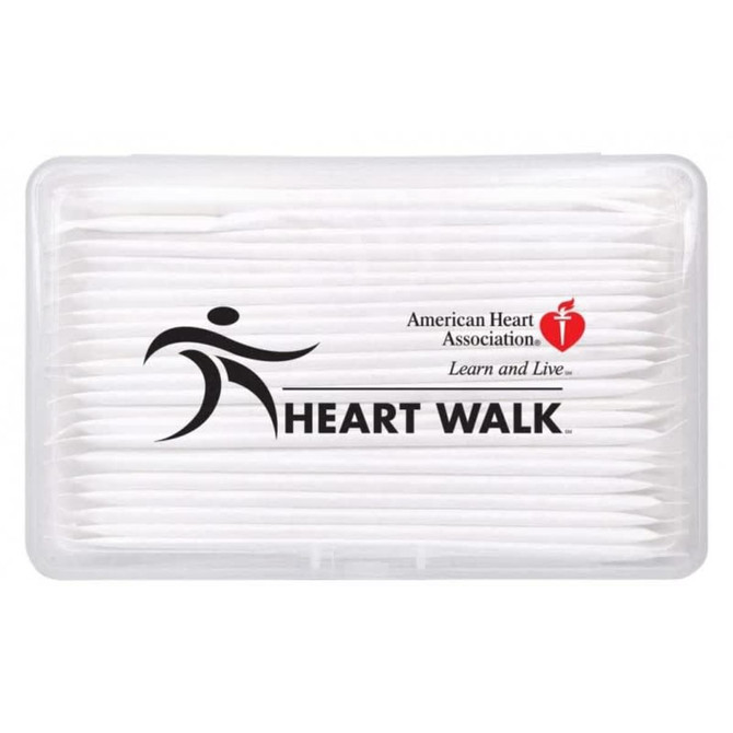 A transparent case containing white dental floss sticks, featuring a logo on the front.