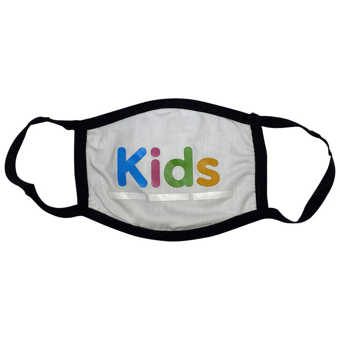 A cotton face mask featuring a colourful design with the word "Kids" and black straps.