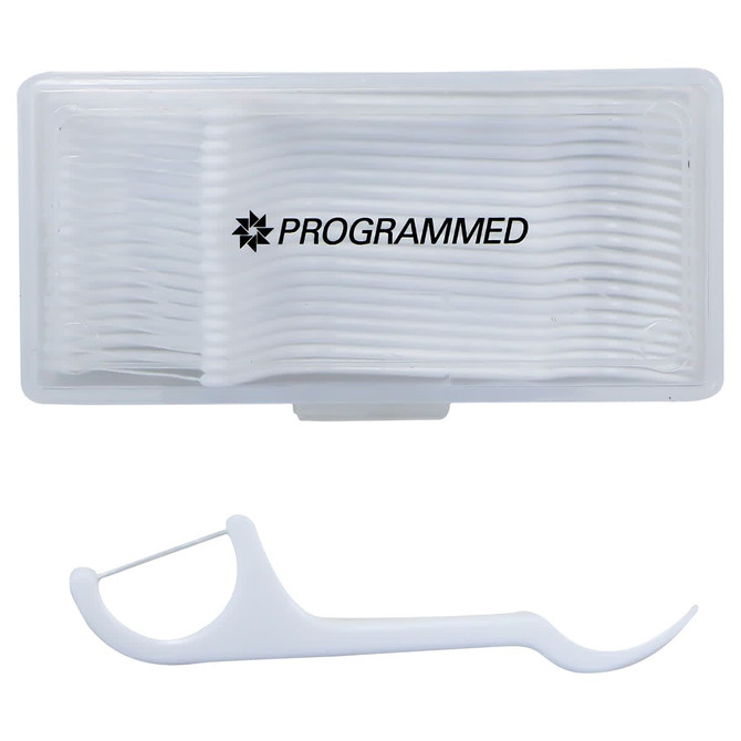 A white dental floss pack containing 20 pieces, with a plastic floss holder included. The pack features a logo.