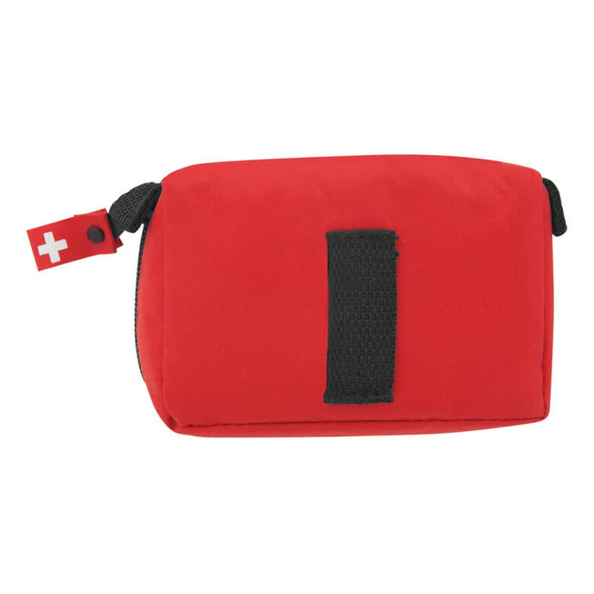 A red first aid travel kit featuring a zip closure and a strap. It has a small logo tag.