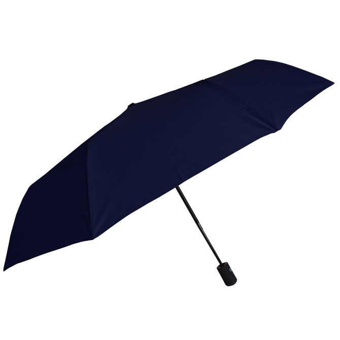 A navy umbrella with a black handle, featuring a branded logo on the shaft.