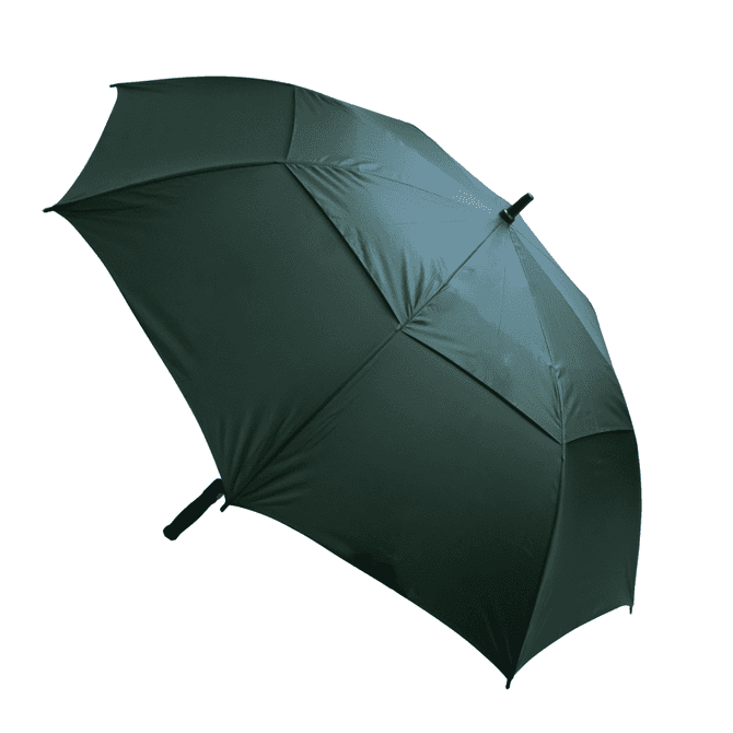 A dark green umbrella with a sleek design and a handle, featuring a logo. A dark green umbrella with a sleek design and a handle, featuring a logo.