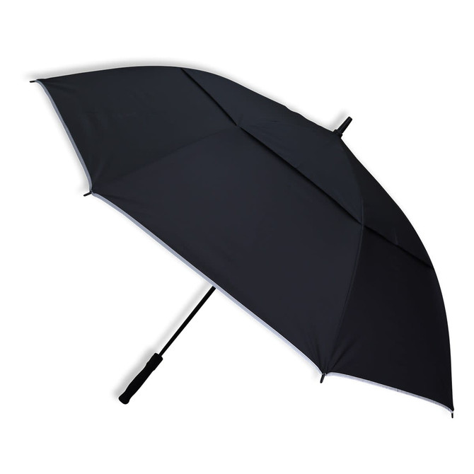 A black umbrella with a sleek design and a logo on the handle. A black umbrella with a sleek design and a logo on the handle.