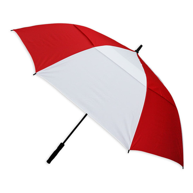 A red and white umbrella with a black handle, featuring a logo on the canopy. A red and white umbrella with a black handle, featuring a logo on the canopy.