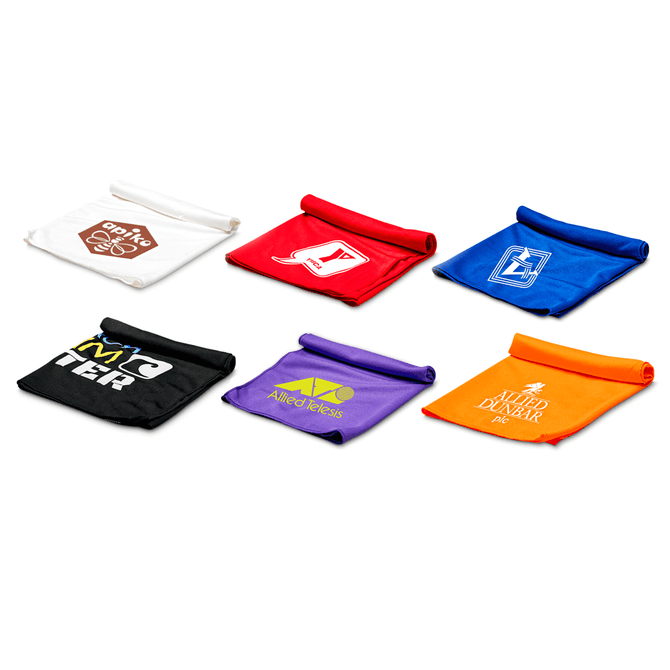 A set of six cooling towels in various colours: white, red, blue, black, purple, and orange, each with a logo.