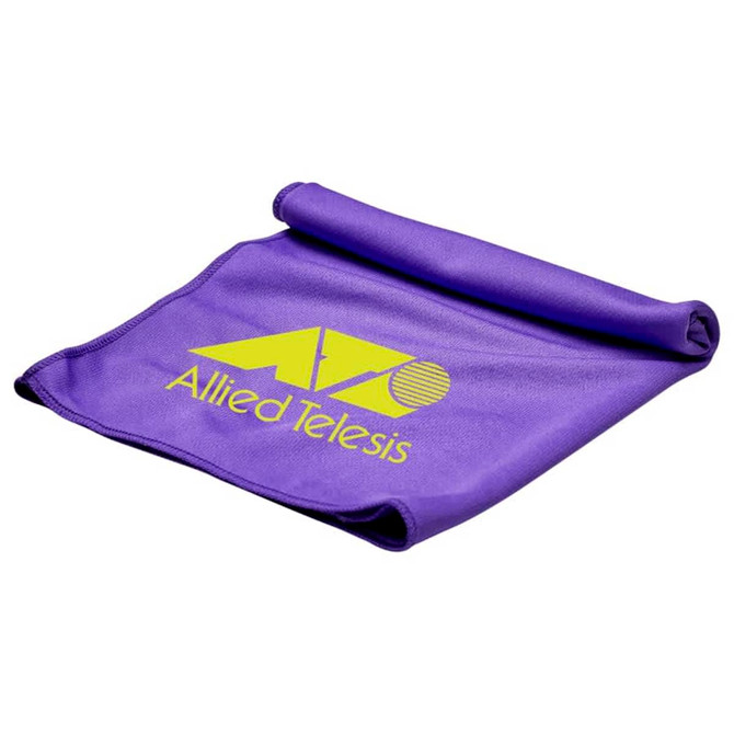 A purple cooling towel with a rolled edge and a logo printed on it.