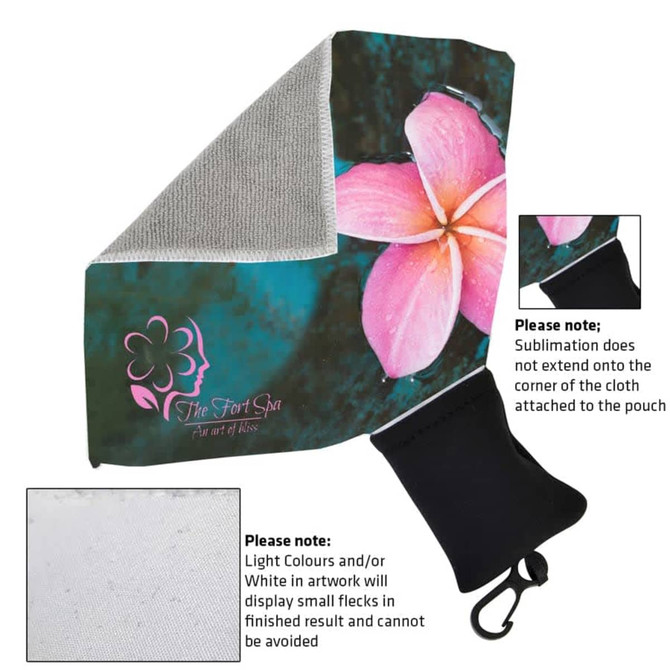 A microfibre towel in teal with a floral design, accompanied by a black pouch for storage. A microfibre towel in teal with a floral design, accompanied by a black pouch for storage.