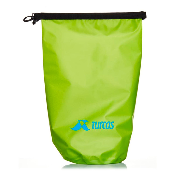 A bright green 10L dry bag with a black top and a logo on the front.