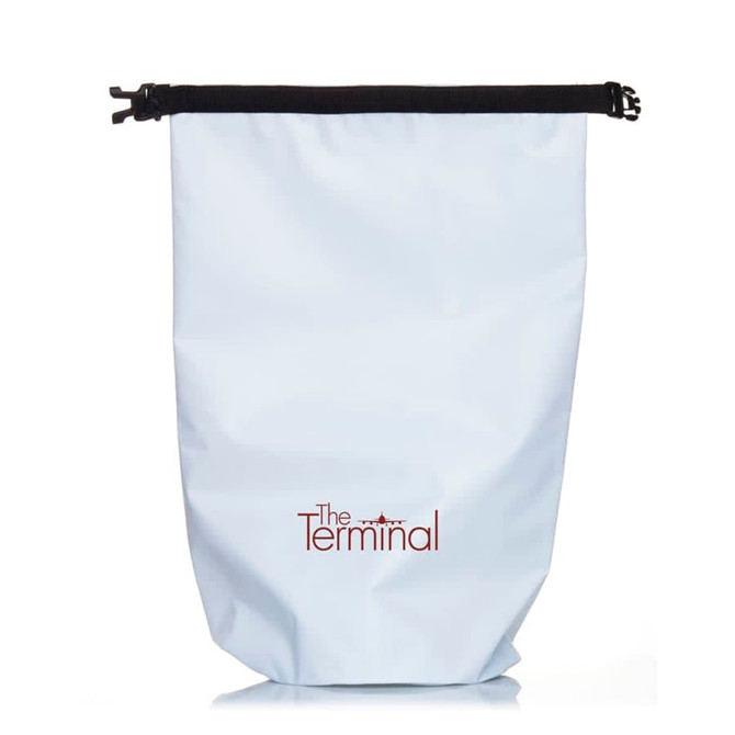 A light blue 10L dry bag with a black zip closure and a logo at the front.