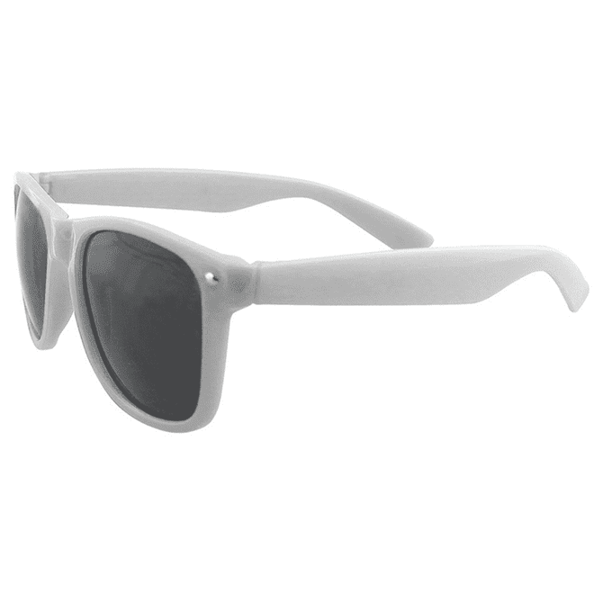 White sunglasses with dark lenses, featuring a classic frame design and logo detailing on the side.