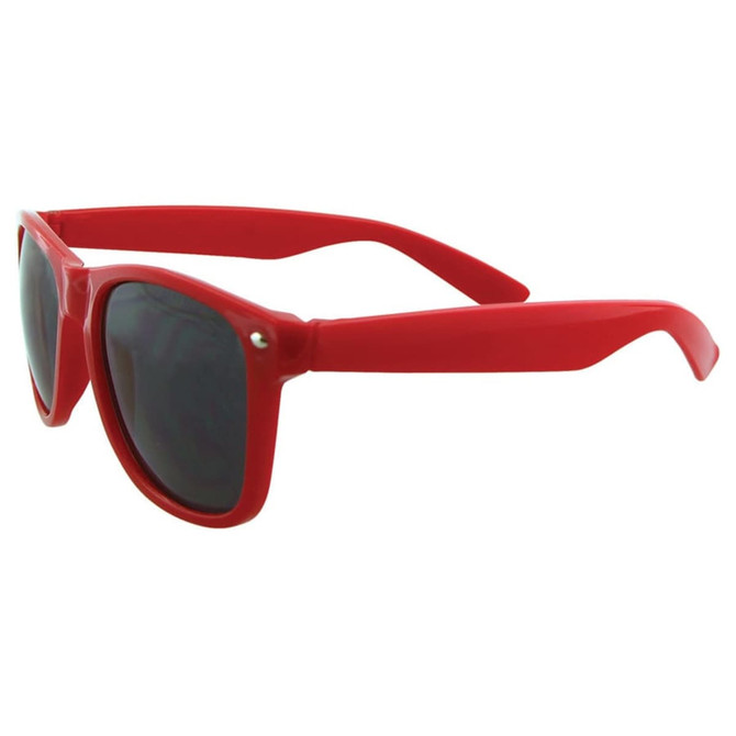 Red sunglasses with black lenses, featuring a sleek design and a logo on the side.