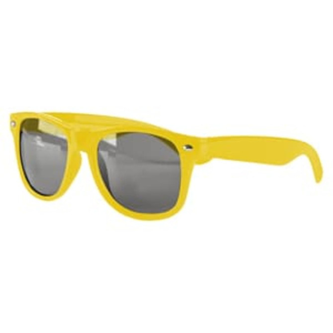 Bright yellow sunglasses with grey lenses, featuring a logo on the side. Ideal for outdoor leisure activities.