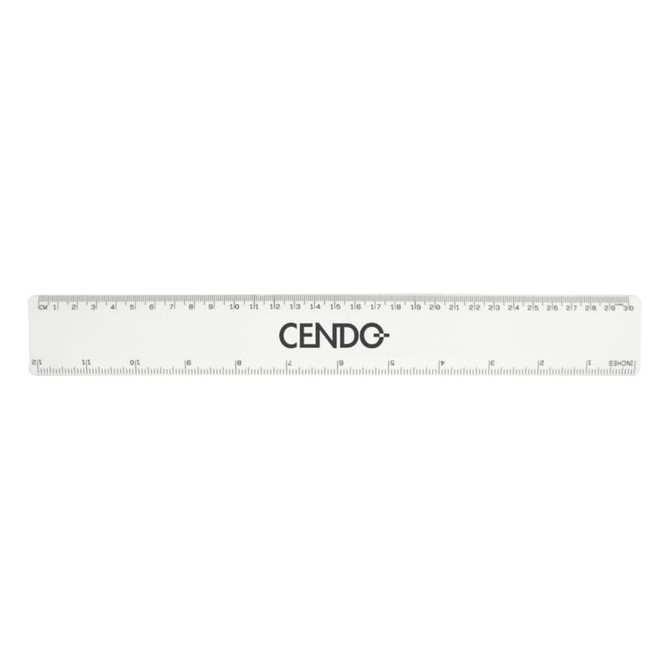 A clear plastic ruler measuring 30cm, featuring black measurement markings and a logo.