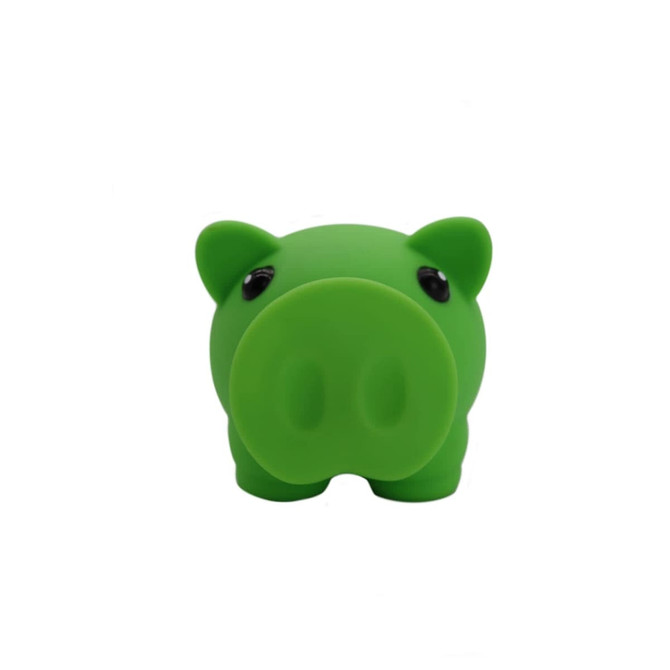 A green pig-shaped money box with black eyes and a smooth surface. It features a logo on its body.