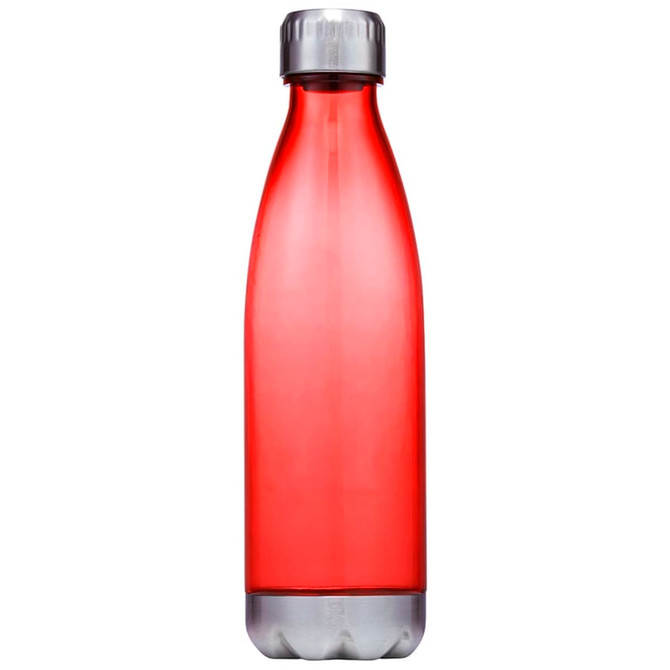 A drink bottle in bright red plastic with a silver cap and a sleek, curved design.
