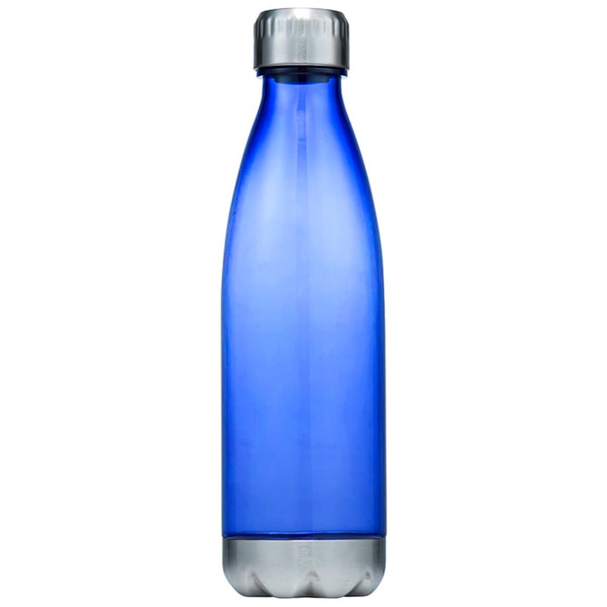 A drink bottle in a translucent blue colour with a silver lid, featuring a logo.