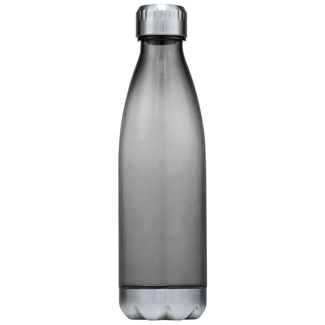 A drink bottle in grey plastic with a silver lid. Features a sleek, modern design and has a logo on it.