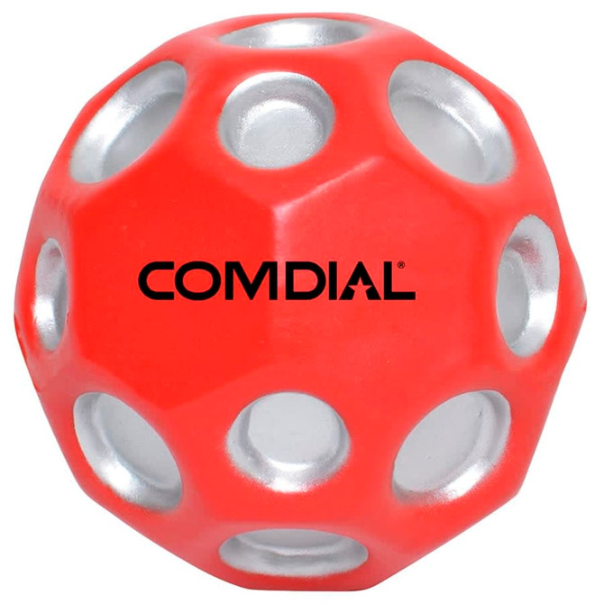 A red high bounce ball with silver accents and holes, featuring a logo.