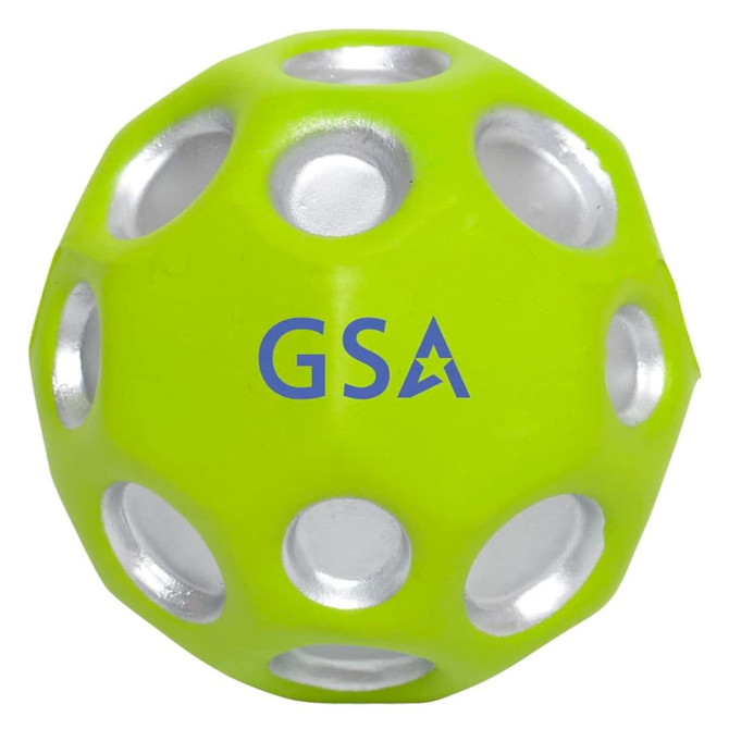 A bright green high bounce ball with silver holes and a logo printed on the surface.
