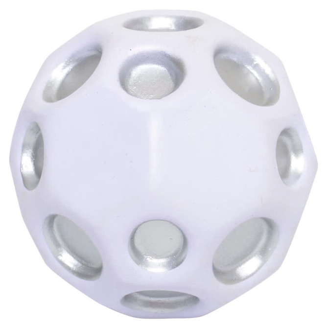 A high bounce ball in white with silver accents and multiple holes, designed for fun and stress relief.