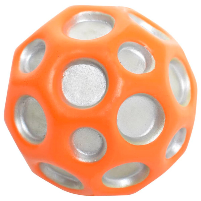 An orange high bounce ball with silver circular cutouts, featuring a textured surface and a logo.