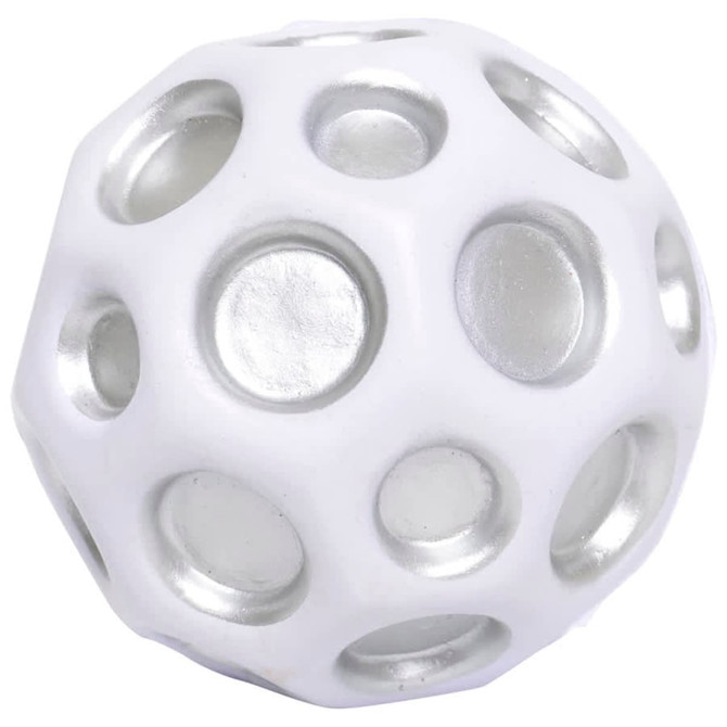A high bounce ball in white with silver accents featuring various circular cut-outs. It has a simple, playful design.