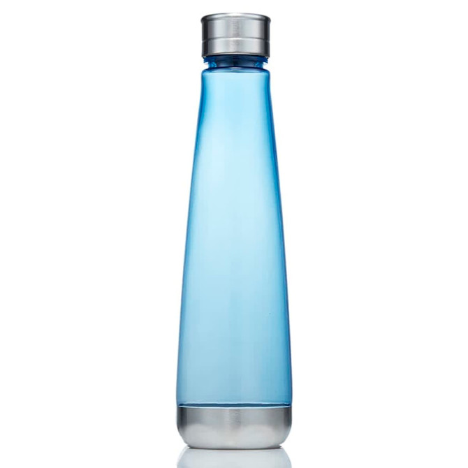 A drink bottle made from Tritan material, featuring a sleek, blue design and a metallic lid.