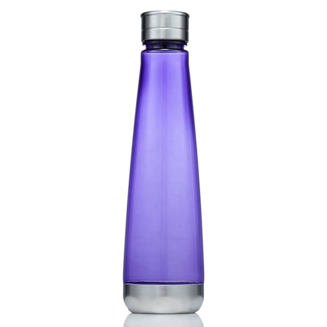 A drink bottle in purple with a silver cap and base, featuring a sleek design and a branded logo.