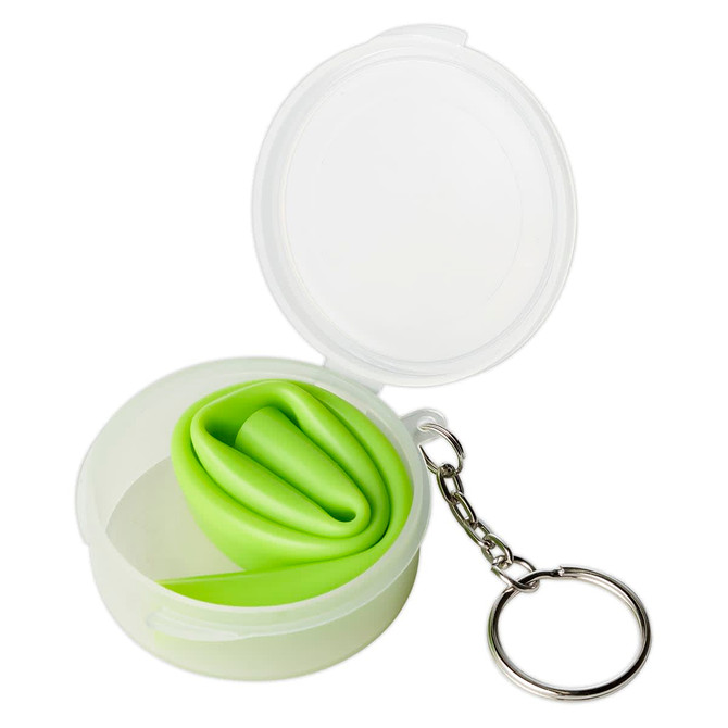 A green reusable silicone straw stored in a clear casing with a keychain attachment.