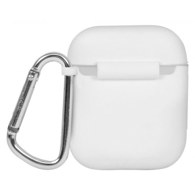 A white earbud case with a silver carabiner attached. The case is smooth and round-edged.