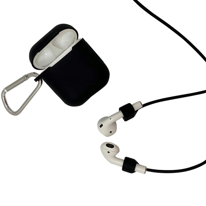 A set of white earbuds with a black carrying case and a metal clip for attachment. The earbuds are wired.