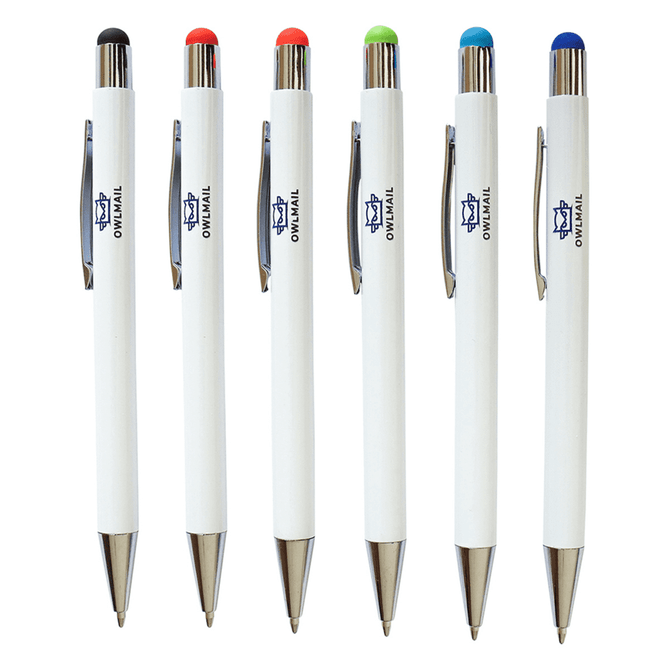 A collection of six stylus pens in white with different coloured tips: black, red, green, and blue. Each pen has a logo.