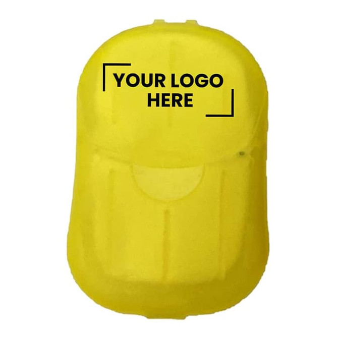 A yellow drink bottle with a smooth surface and a logo area on the front.