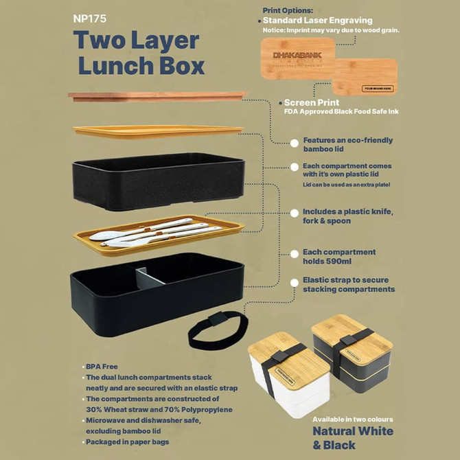A two-layer lunch box in natural white and black, featuring a bamboo lid, compartments, and a plastic knife and fork.