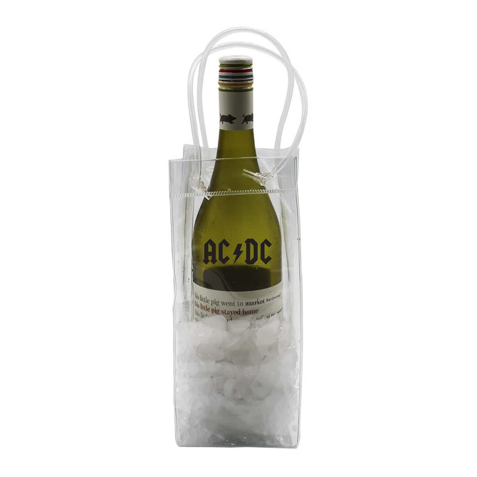 A clear cooler bag containing ice and a wine bottle, featuring a logo at the top and handles for carrying.