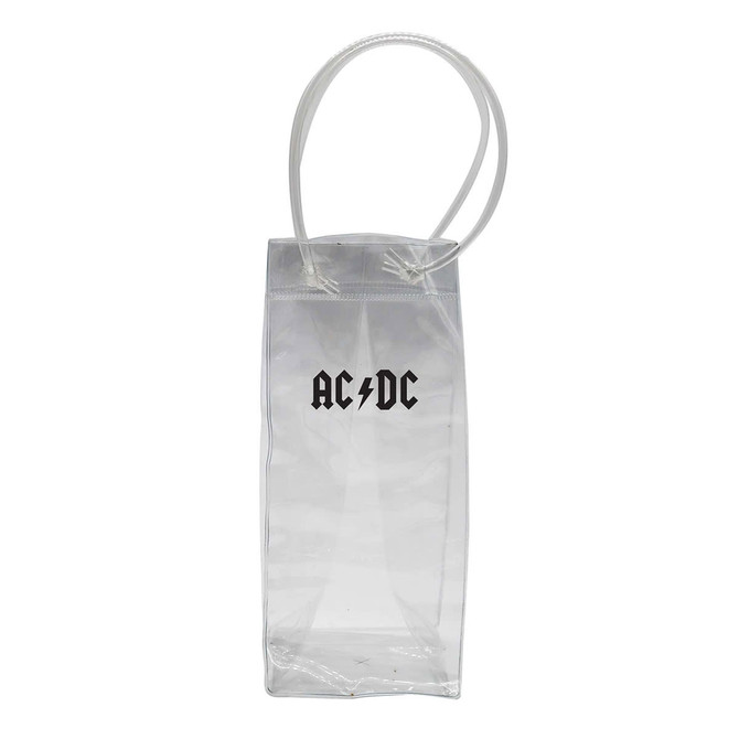 A clear cooler bag with transparent material and a logo. It features a simple rectangular shape and transparent handles.