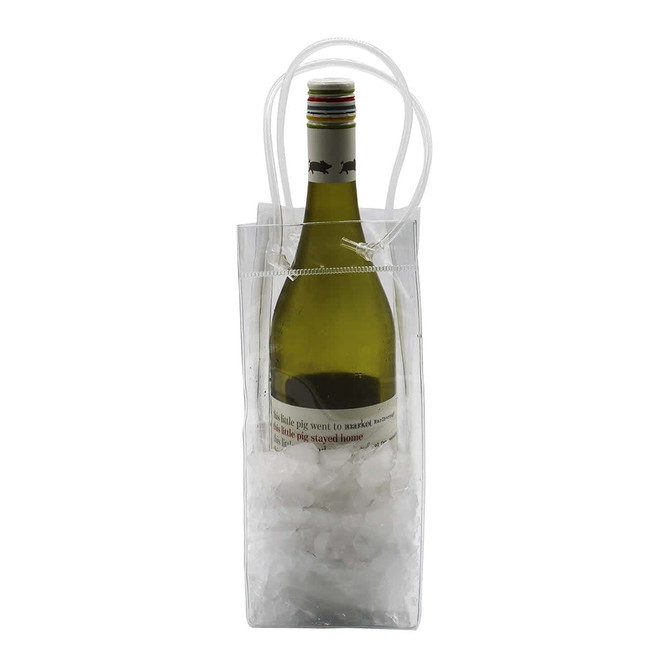 A transparent cooler bag containing a wine bottle and ice, with a white handle and a branding logo.
