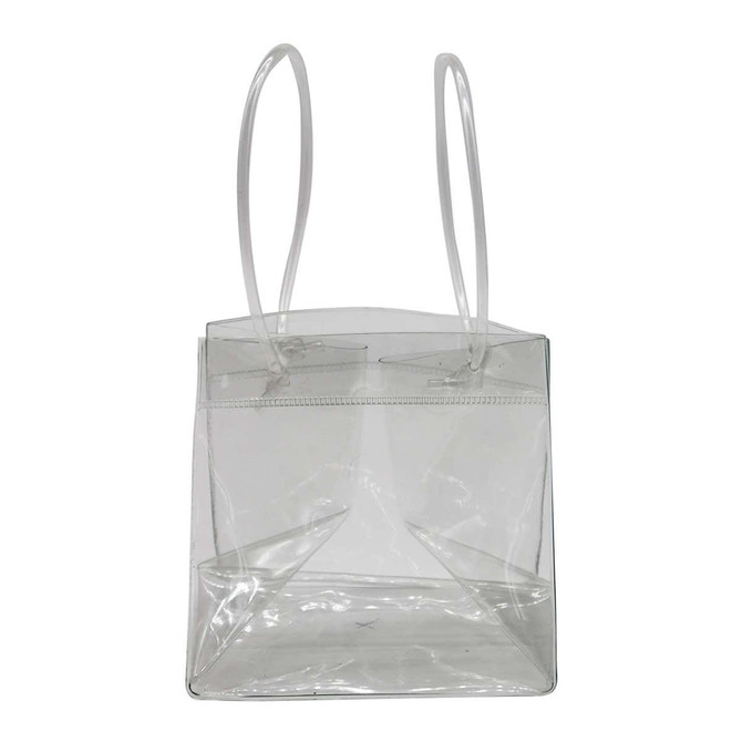 A transparent cooler bag with two clear handles, featuring an open design and a structured base.