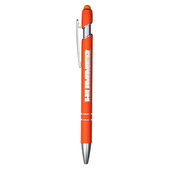 An orange metal pen with a chrome clip and an orange top. The pen has a logo on its side.